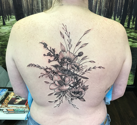 Tattoos - Mockingbird and Floral on Back- Instagram @MichaelBalesArt - 129793